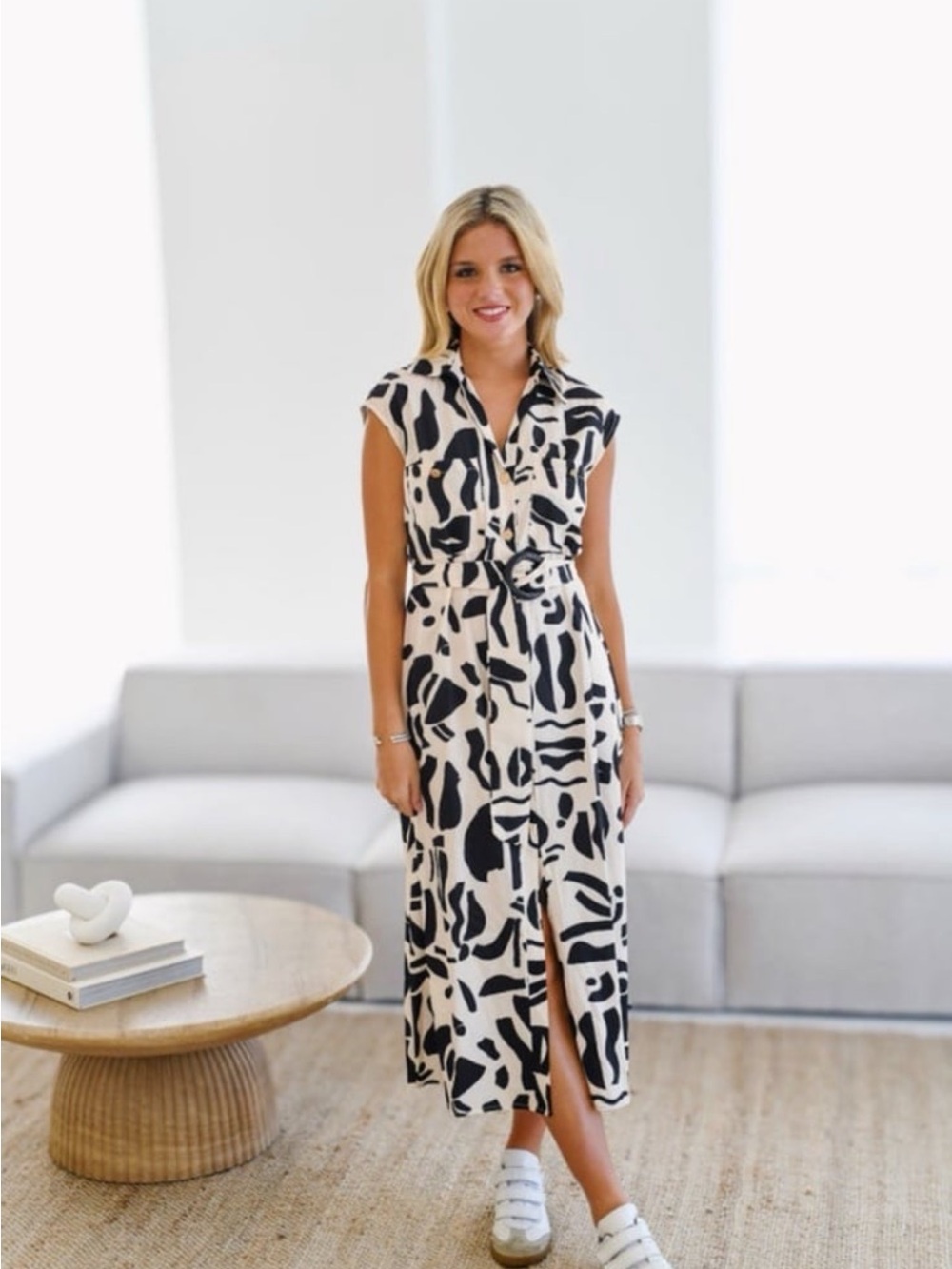 Fancy Boutique Button-Front Midi Shirt Dress in Black and Cream